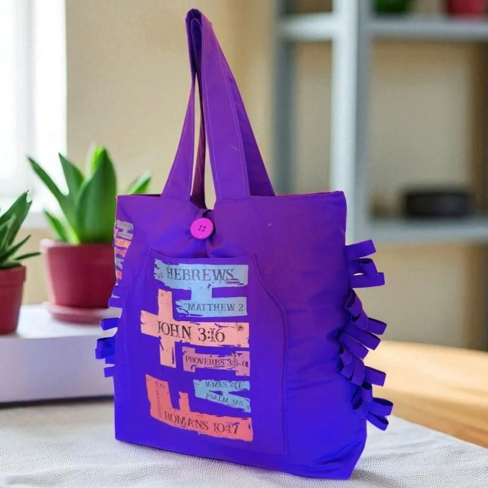 Vibrant Purple Ruffled Tote Bag with Playful Design